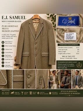 E.J. Samuel Mens Olive Micro Check Blazer Big Tall Contrast Piping Dapper Jacket